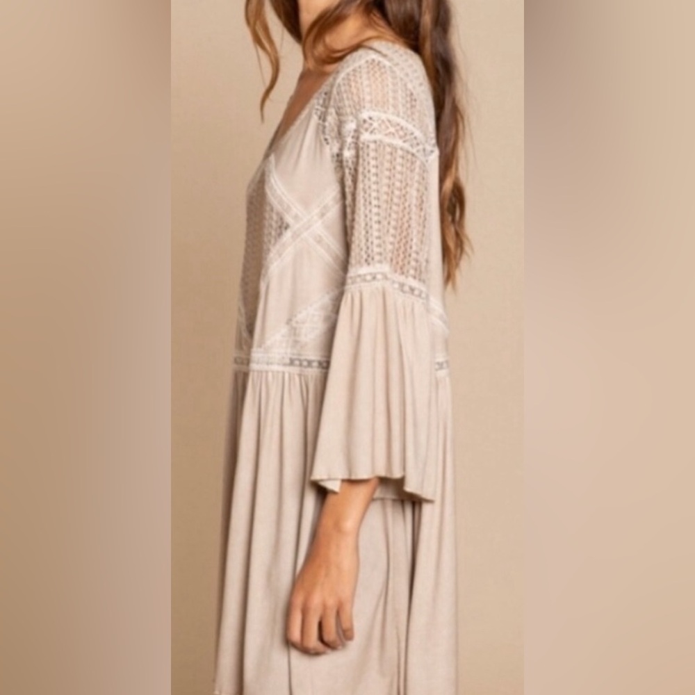 POL Lace Crochet Knit Flare Sleeve Ruffle Hem Mini Dress - Picture 5 of 6